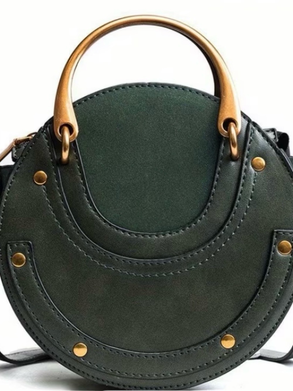 Dark Green Round Leatherette Handbag with Gold Hardware - Perfect for Fall!